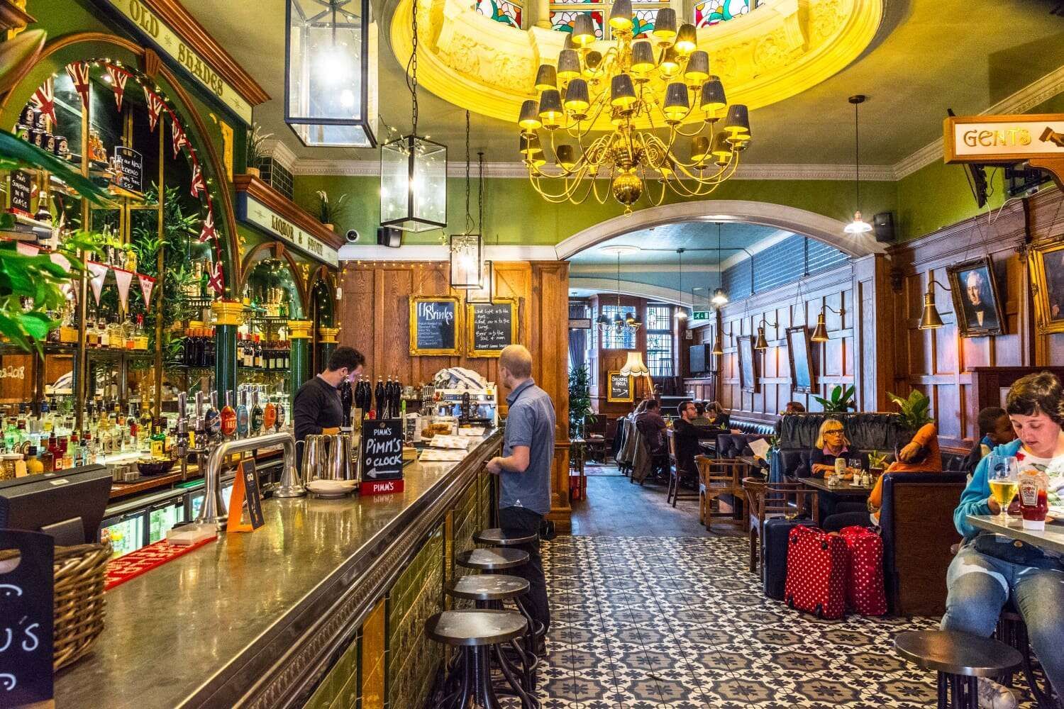 Old Shades vintage pub interior with chandelier