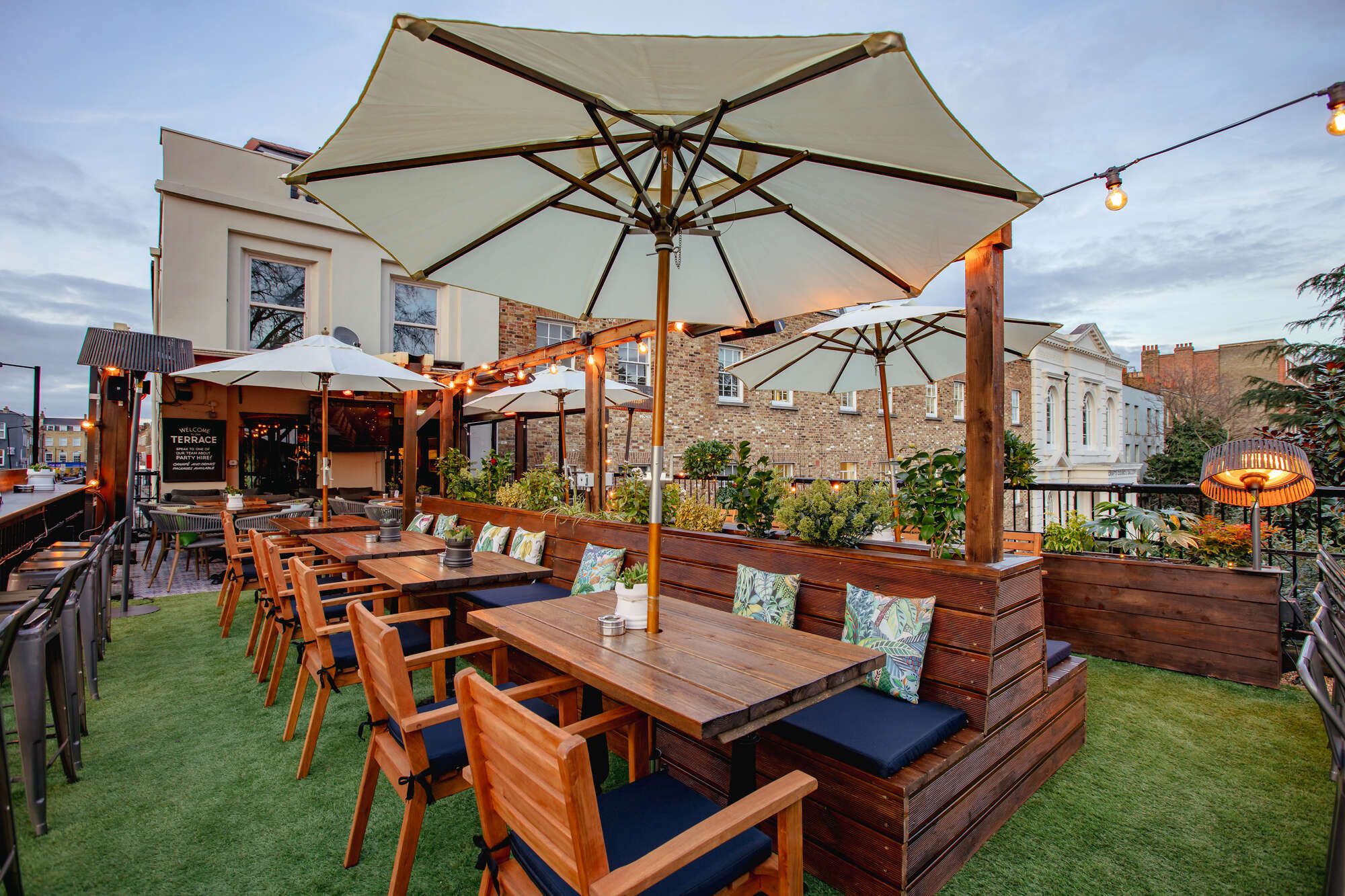 Roof terrace garden of the Castle pub in Islington